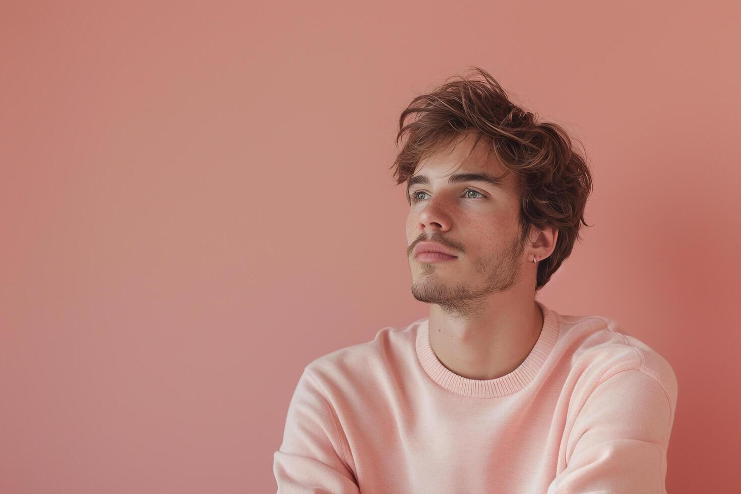 Stylish Male Fashion Model in Relaxed pullover peach pink Background and Cozy Lifestyle Featuring a Gentle Touch in Males Fashion portrait photo