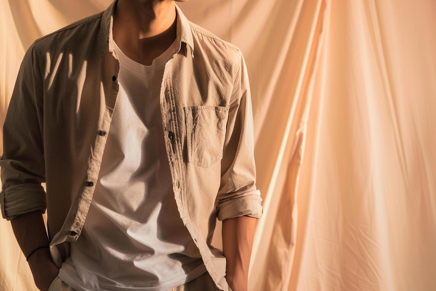 clásico masculino Moda modelo en casual botón arriba camisa suave beige antecedentes y disfraz estilo de vida presentando un clásico toque en machos Moda retrato foto