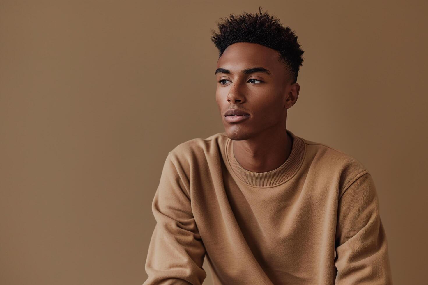 Comfortable Male Fashion Model in Relaxed pullover Costume Taupe Background and Cozy Lifestyle Featuring a Gentle Touch in Males Fashion portrait photo