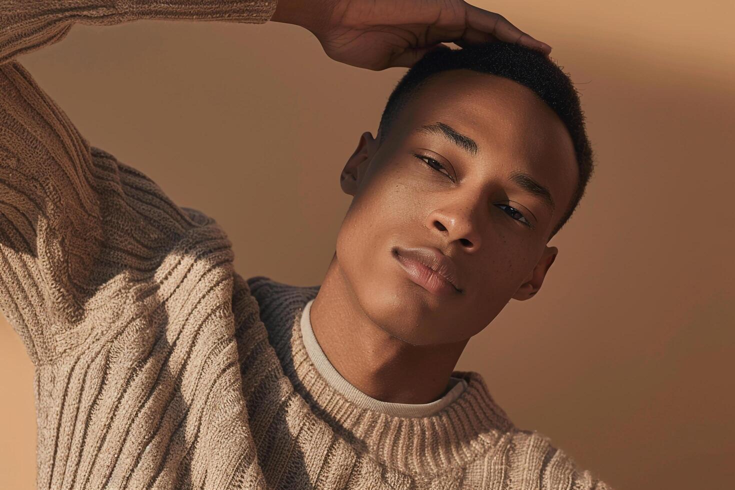 Stylish Male Fashion Model in Relaxed pullover Costume Taupe Background and Comfortable Lifestyle Featuring a Gentle Touch in Males Fashion portrait photo