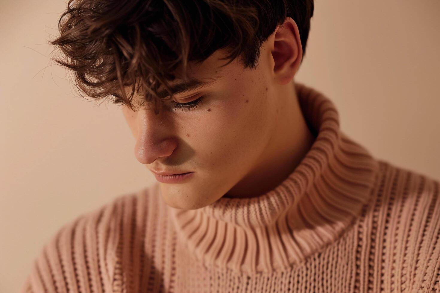 Fashionable Male Model in Soft Beige pullover Relaxed Lifestyle portrait Cozy and Comfortable Males Attire with a Gentle Touch photo
