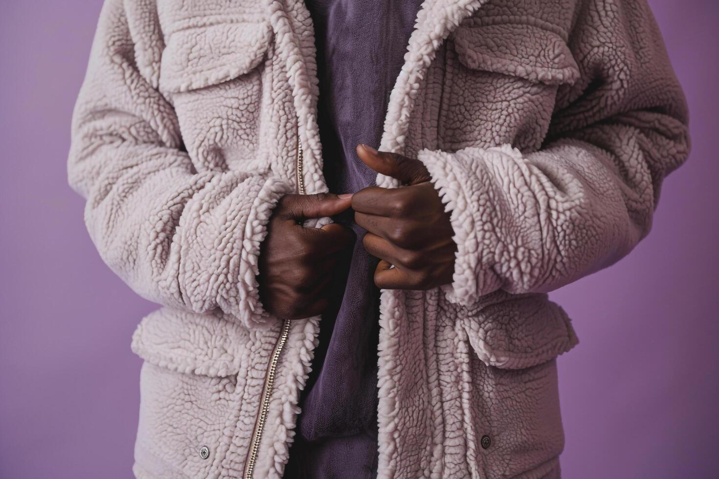 Cozy Male Model in Soft Lavender Fleece Jacket Casual Lifestyle portrait Comfortable Males Attire with a Gentle and Stylish Appeal photo