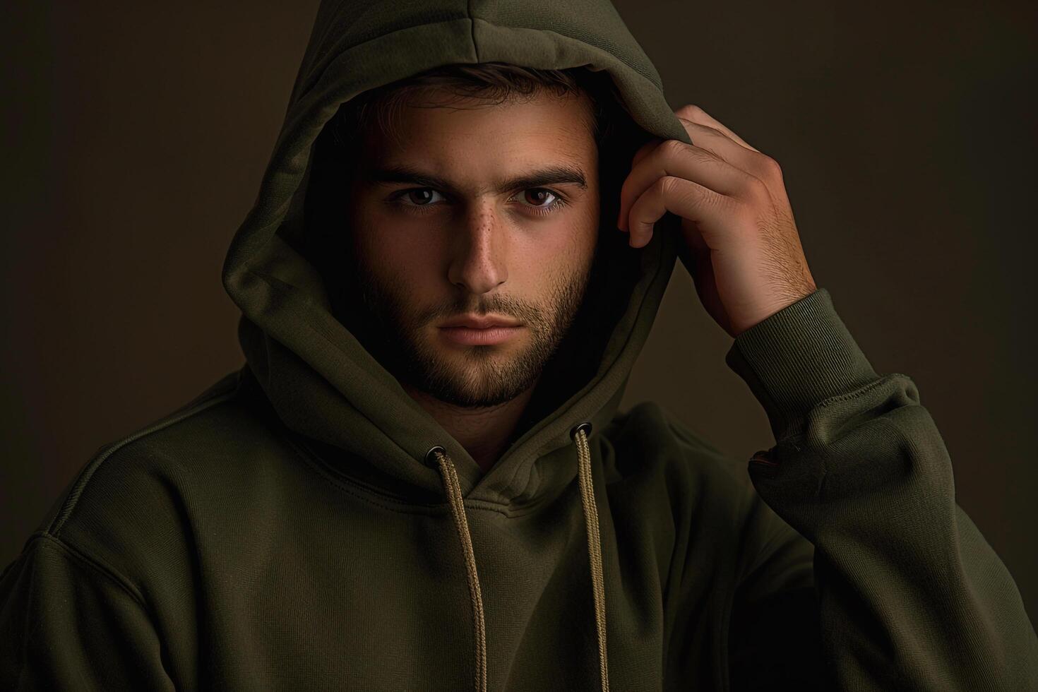 Rugged Male Fashion Model in Olive Drab Hoodie Casual Lifestyle portrait Trendy Males Attire with a Comfortable and Rugged Look photo