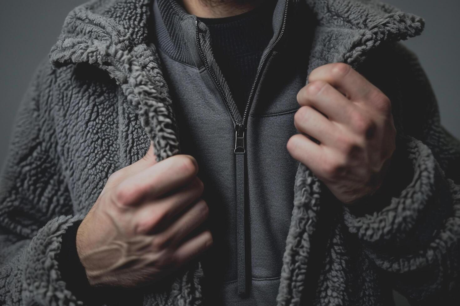 Trendy Male Fashion Model in Cloth Background Fleece Jacket Relaxed Lifestyle portrait Comfortable Males Attire with a Soft and Muted Appeal photo