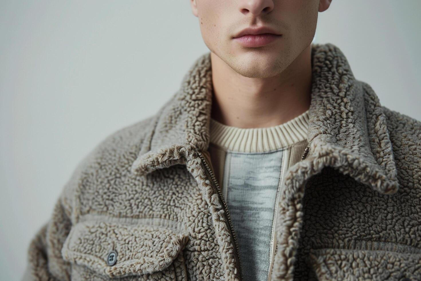 Fashionable Male Model in Cloth Background Fleece Jacket Relaxed Lifestyle photography Cozy Males Fashion with a Soft and Muted Appeal photo