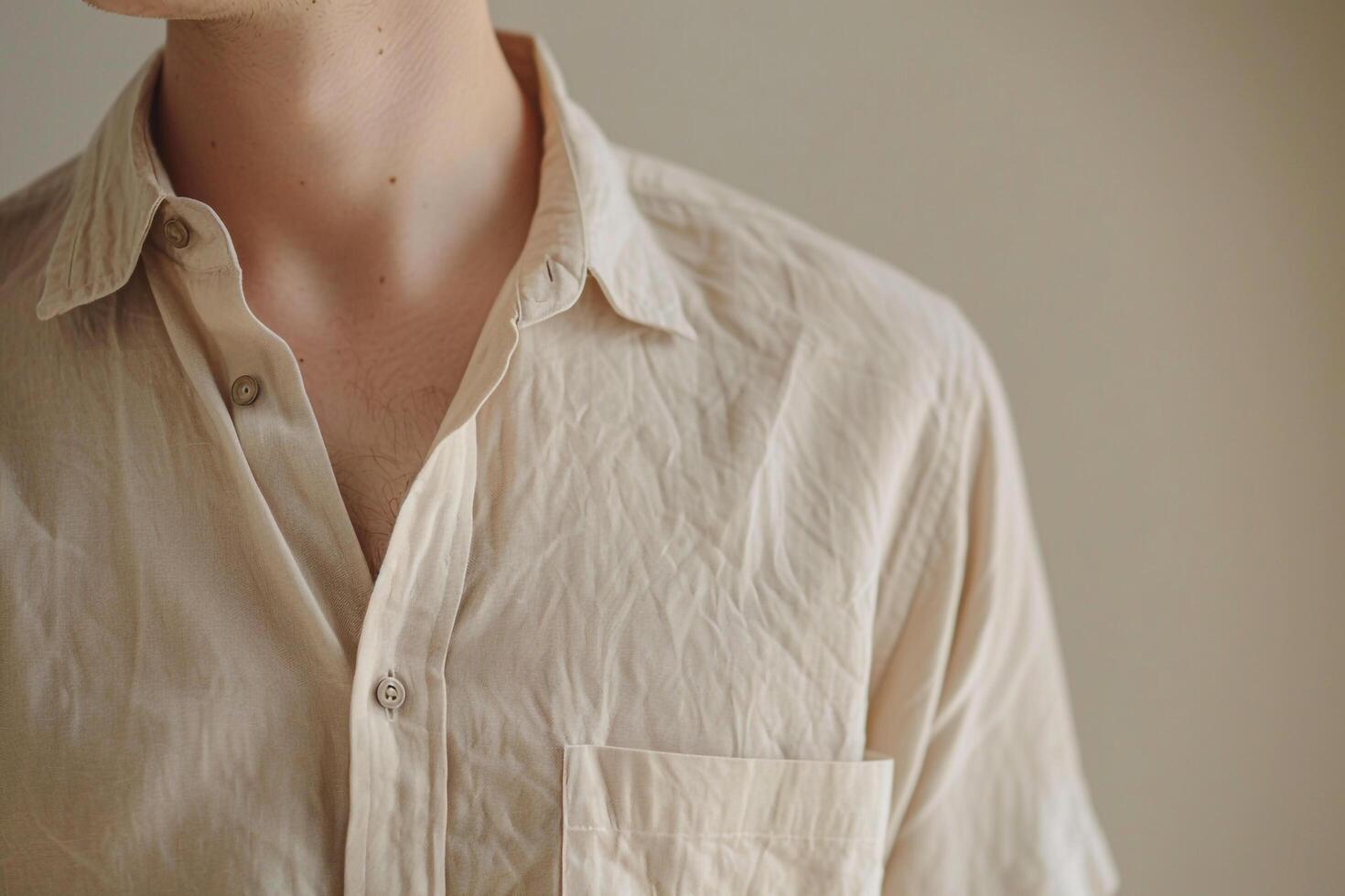 Fashionable Male Fashion Model in Light Beige Linen Relaxed Shirt Casual Lifestyle portrait Trendy Males Attire with a Comfortable and Relaxed Look photo
