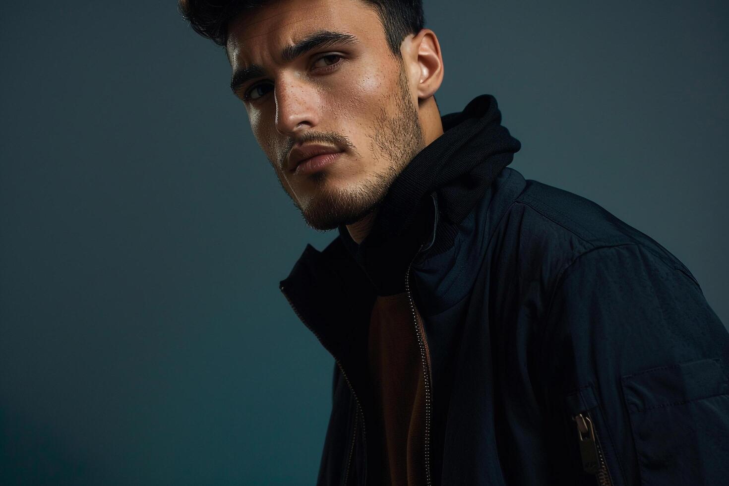 Trendy Male Fashion Model in Heather Grey Zip Up Jacket Casual Lifestyle portrait Comfortable Males Attire with a Neutral and Stylish Appeal photo