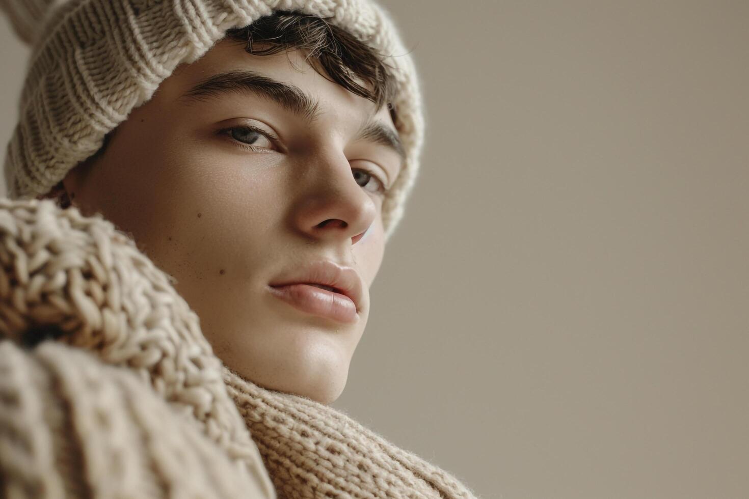 Trendy male fashion model in relaxed knitwear withlight taupe male background male dress portrait featuring comfortable lifestyle Males fashion photo