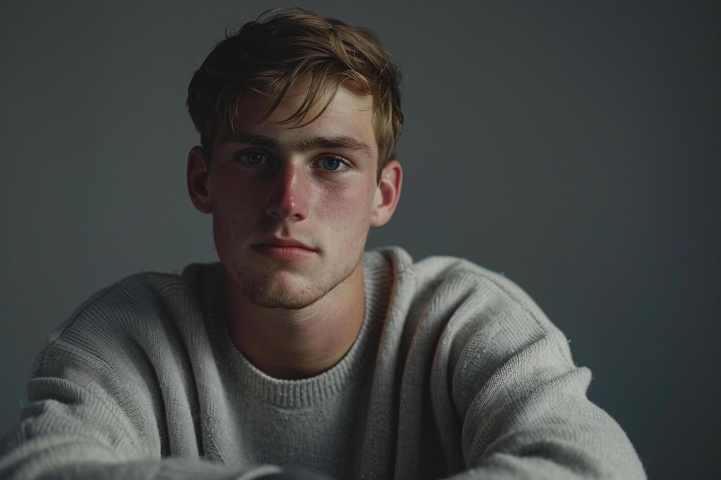 costume male fashion model in a casual pullover with aheather grey male background male dress portrait emphasizing contemporary lifestyle Males fashion photo