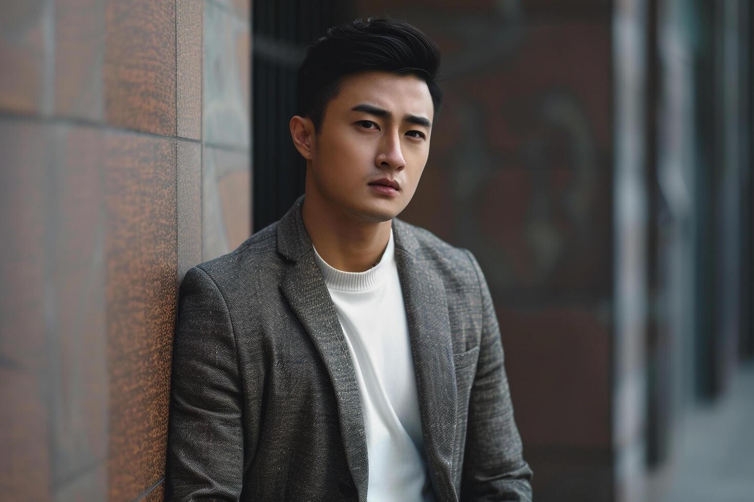 Male fashion model in a casual blazer costume taupe background stylish portrait relaxed lifestyle modern fashion photo