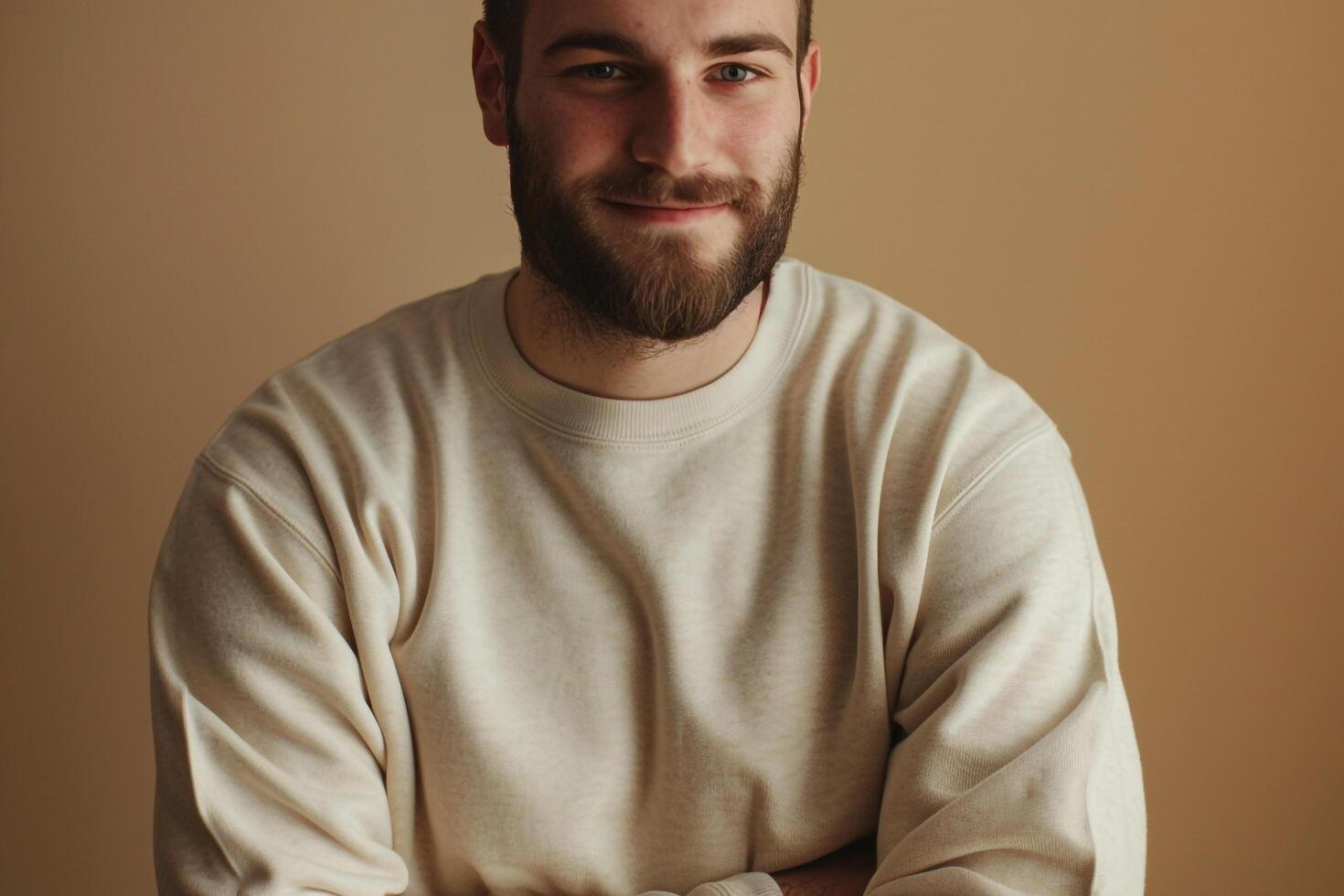 Fashionable male in a comfortable sweatshirt costume beige background relaxed portrait modern fashion sweatshirt details photo
