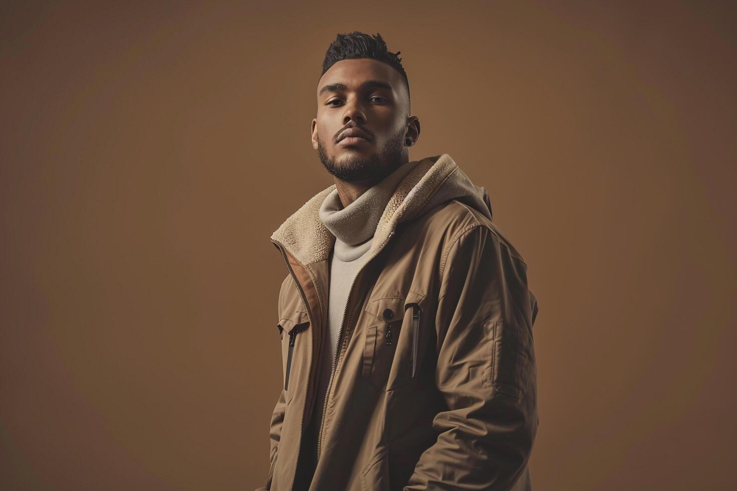Fashionable male model in taupe casual jacket modern portrait relaxed and stylish lifestyle photo