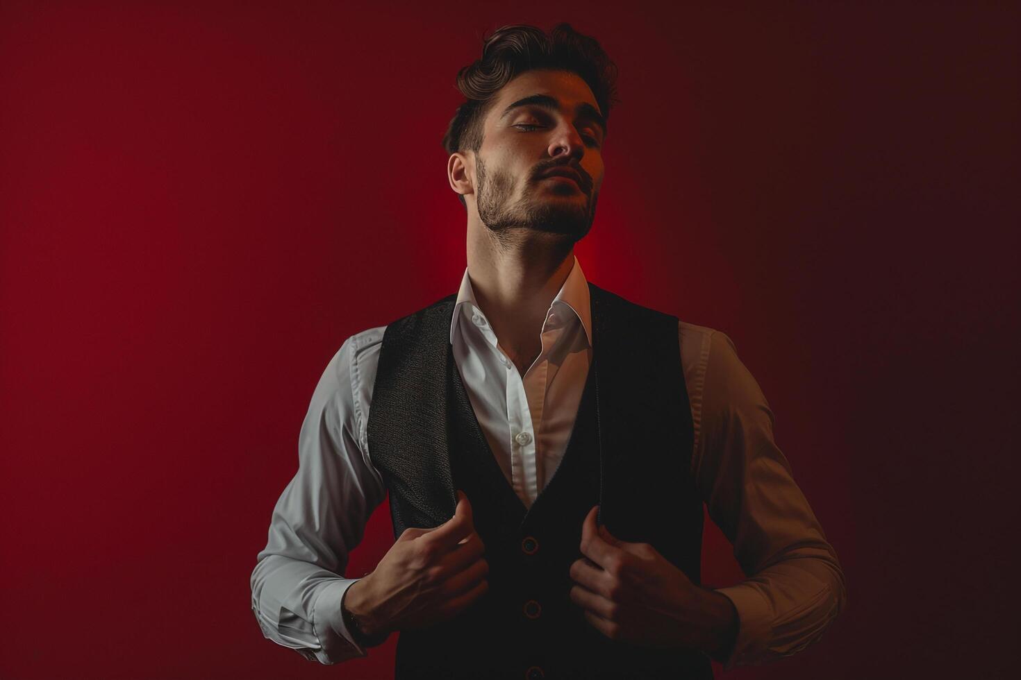 Fashionable male model in burgundy casual vest modern portrait stylish lifestyle photo