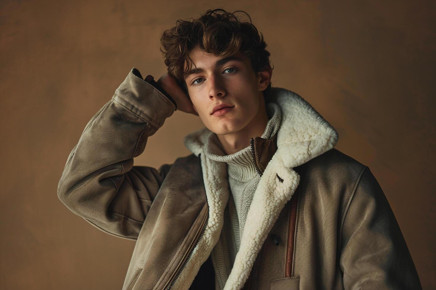 Fashionable male fashion model in zip up jacket contemporary lifestyle portrait photo