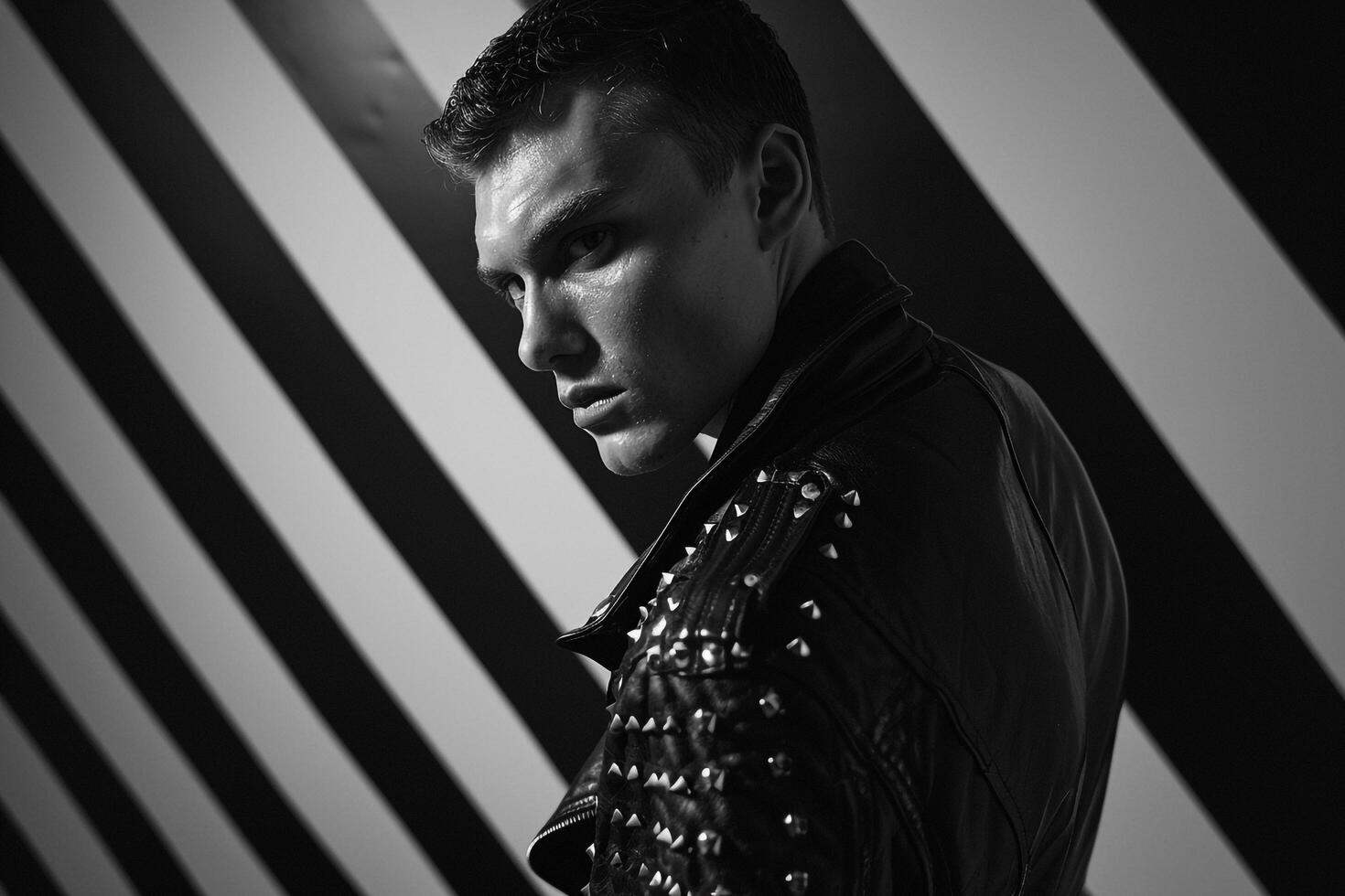 Stylish male model in studded jacket black and white stripes bold lifestyle portrait photo