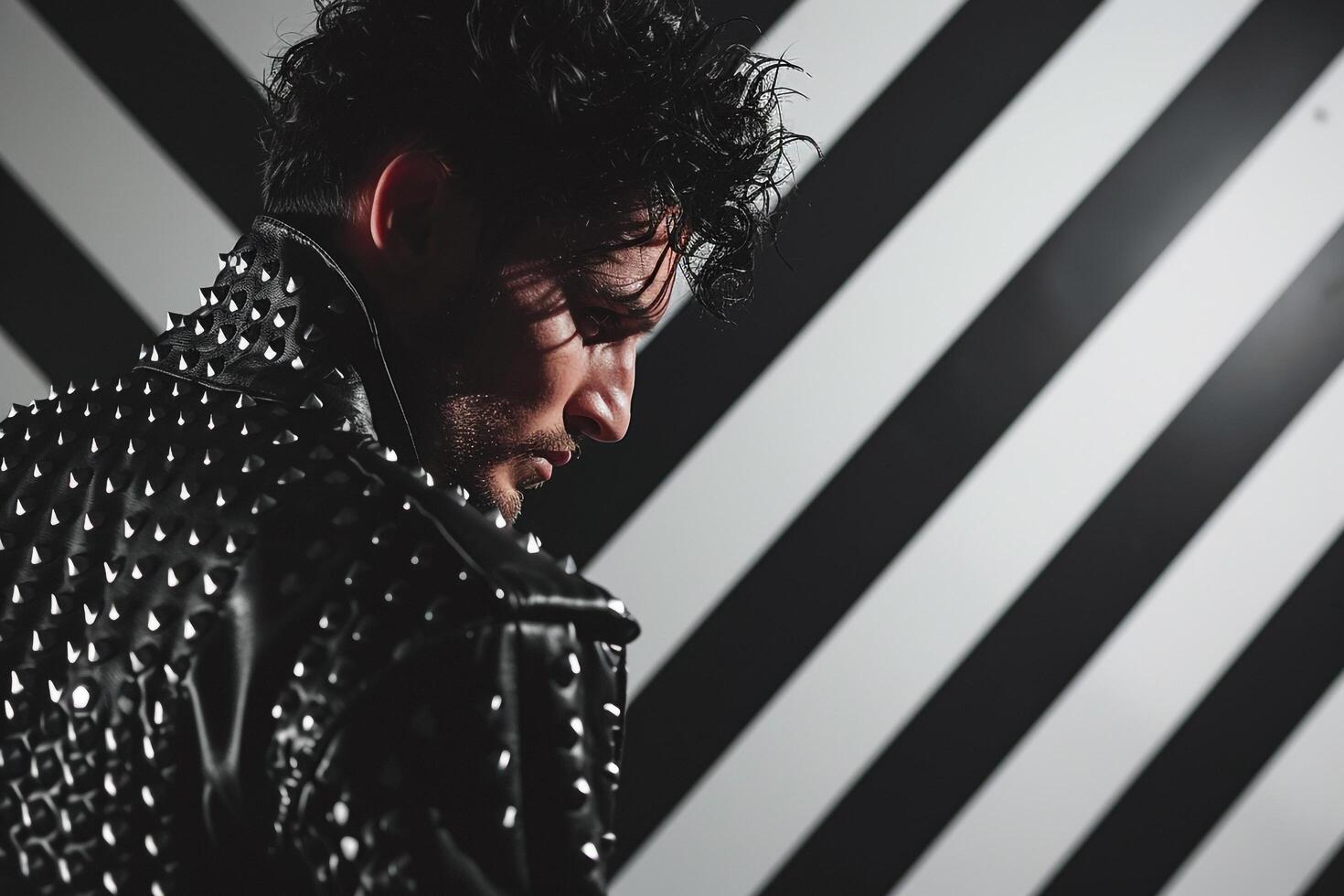 studded jacket black and white stripes modern lifestyle portrait photo
