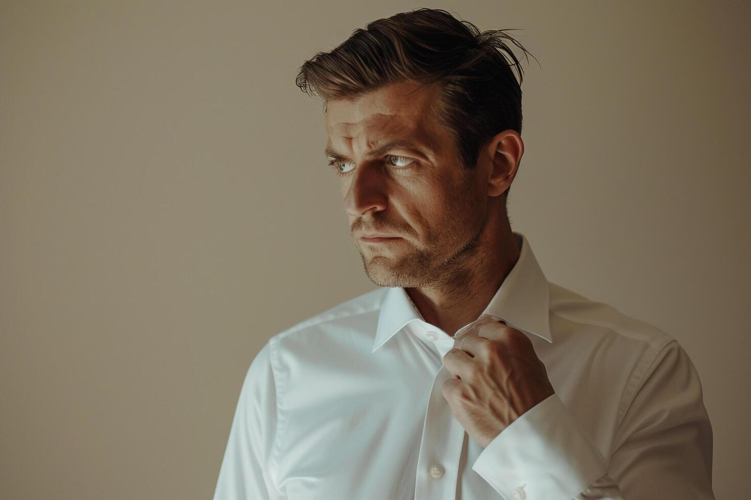 Handsome male model in ivory dress shirt elegant lifestyle portrait modern fashion photo