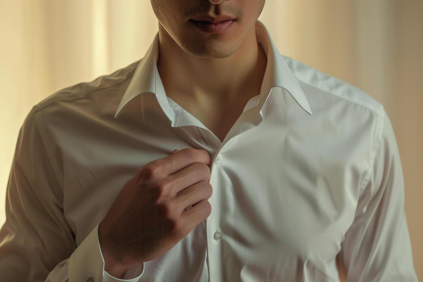 Stylish male fashion model in ivory dress shirt modern portrait elegant background photo
