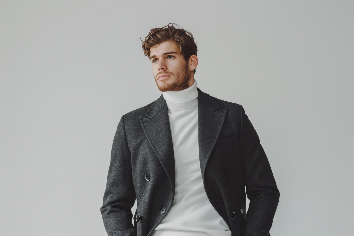 Fashionable male model in light grey stylish suit modern portrait elegant background photo