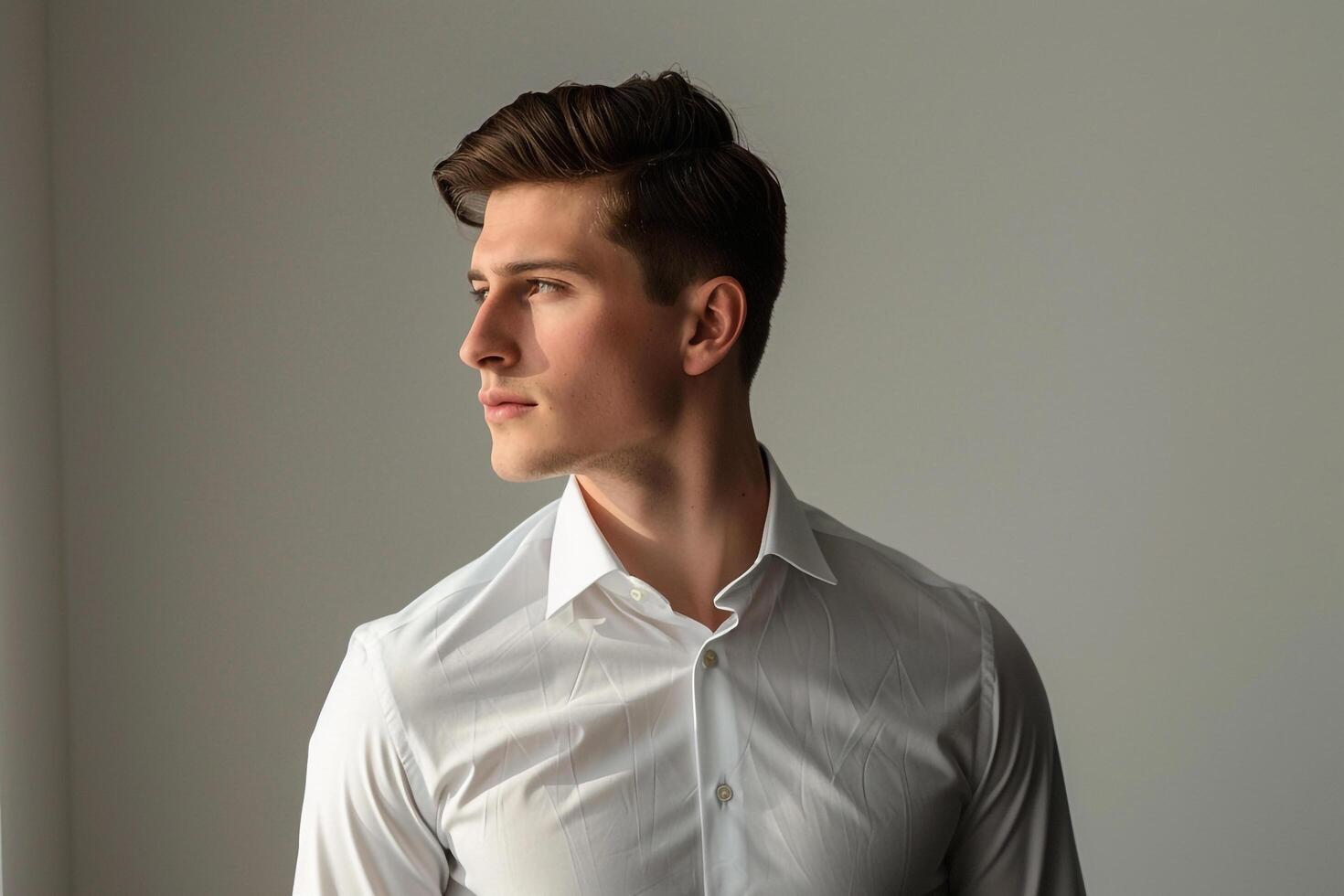 Stylish male fashion model in a light grey dress shirt portrayed in a modern lifestyle setting with a polished and professional backdrop photo