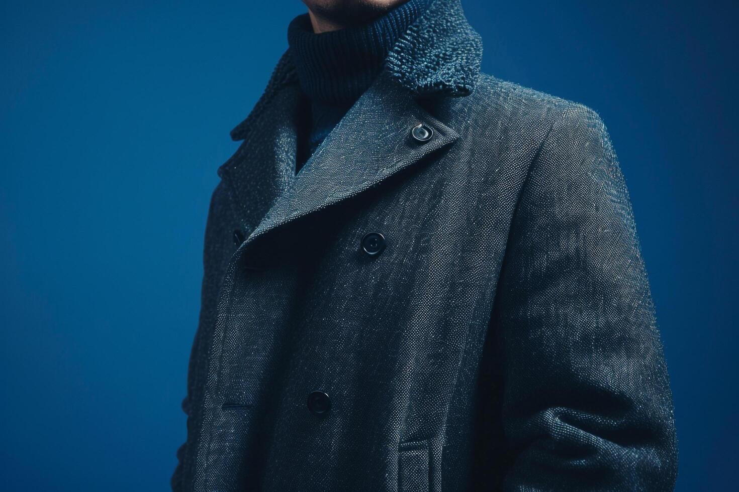 Modern male fashion model in a deep blue casual jacket portrayed in a contemporary lifestyle setting with a vibrant and fashionable backdrop photo