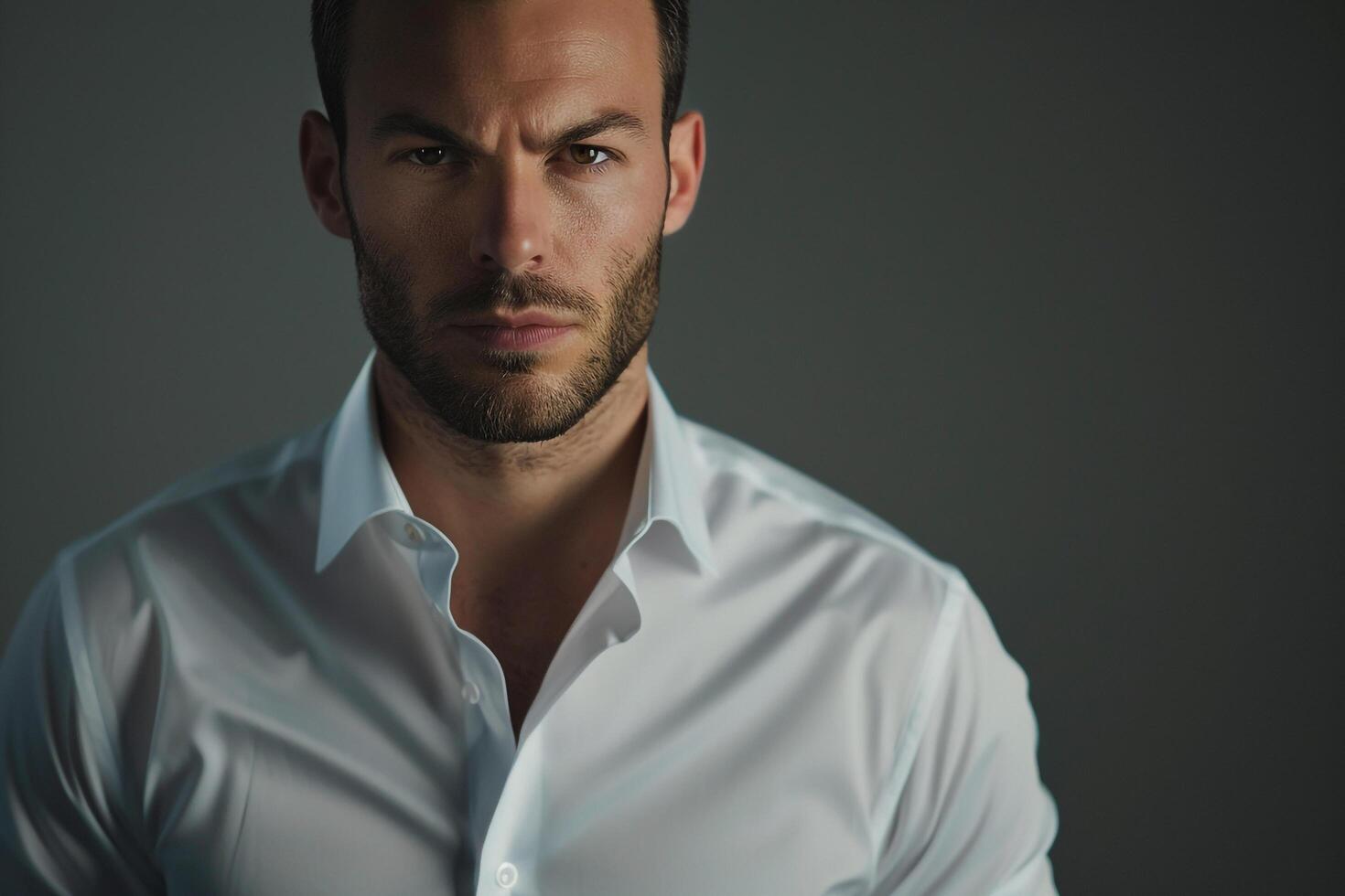 Stylish male fashion model in a silver dress shirt featuring a refined lifestyle portrait with a modern and polished backdrop photo