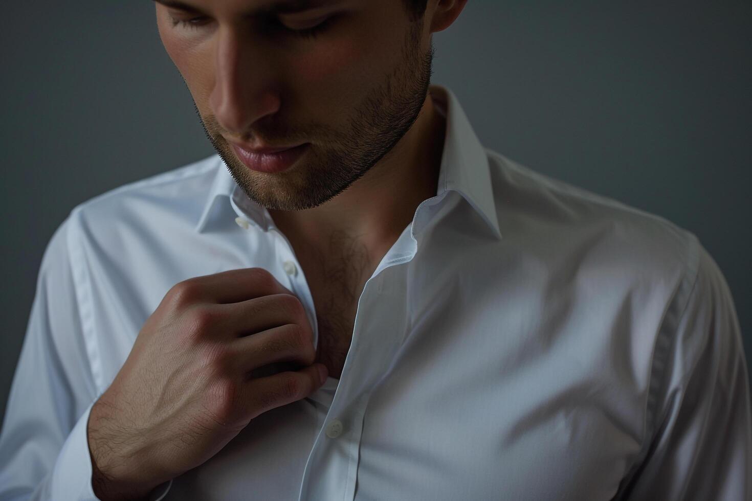 elegant male fashion model in a silver dress shirt captured in a sophisticated lifestyle portrait with a chic and polished background photo