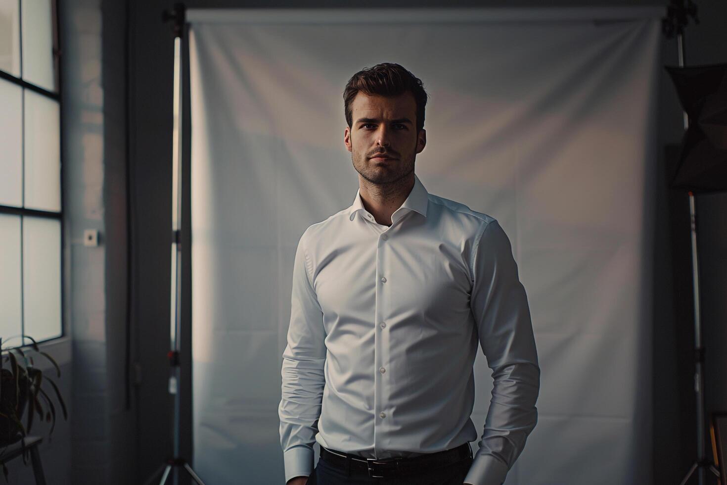 Fashionable male model in a silver dress shirt captured in a refined and modern lifestyle portrait with a chic and elegant background photo