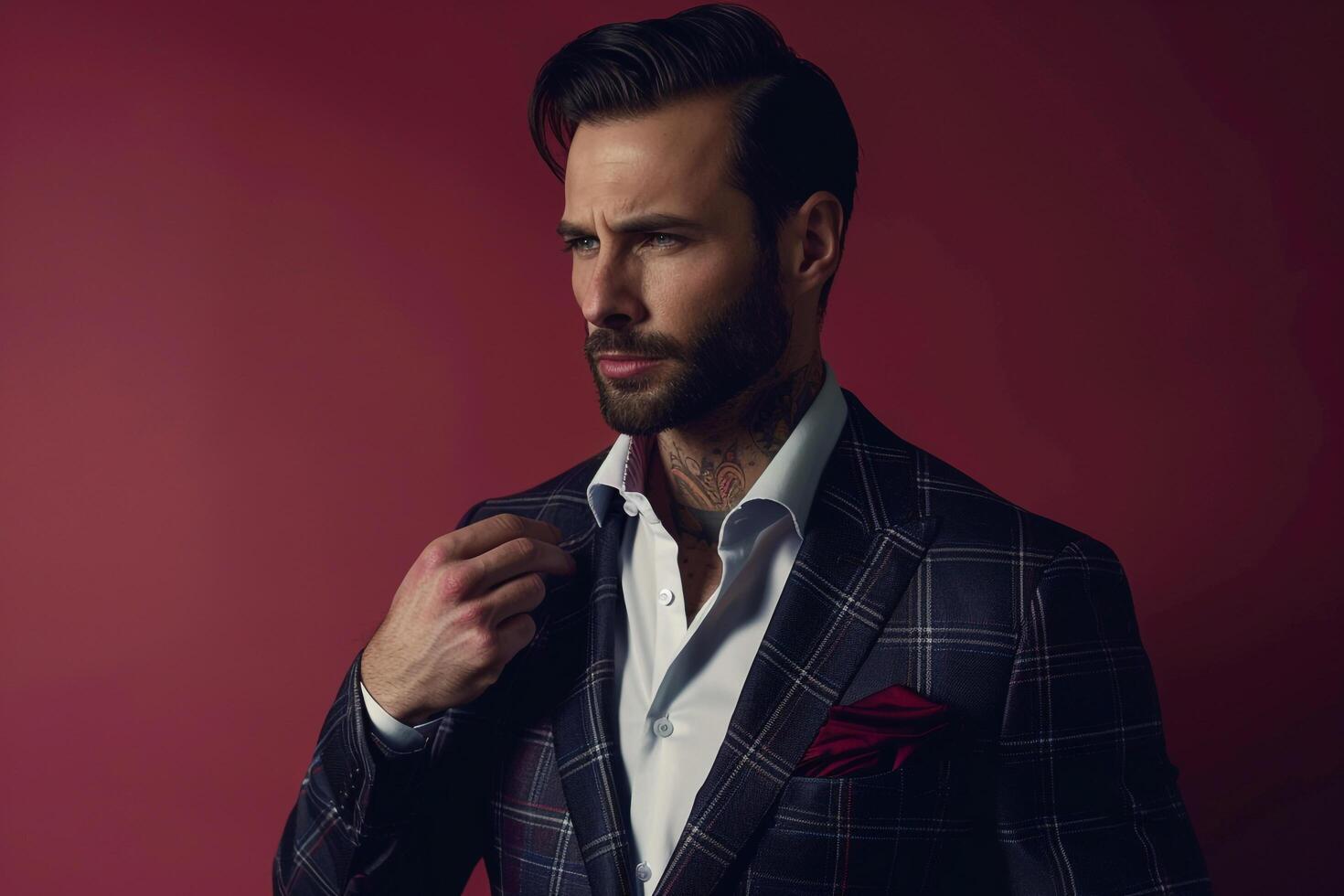 Stylish male fashion model in a maroon tailored jacket featured in a sophisticated lifestyle portrait with a modern and chic backdrop photo