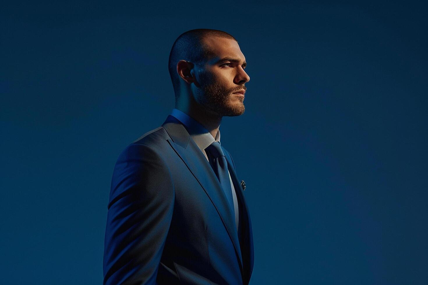 Classic male fashion model in a royal blue suit highlighted in a modern lifestyle portrait with a stylish and sophisticated backdrop photo