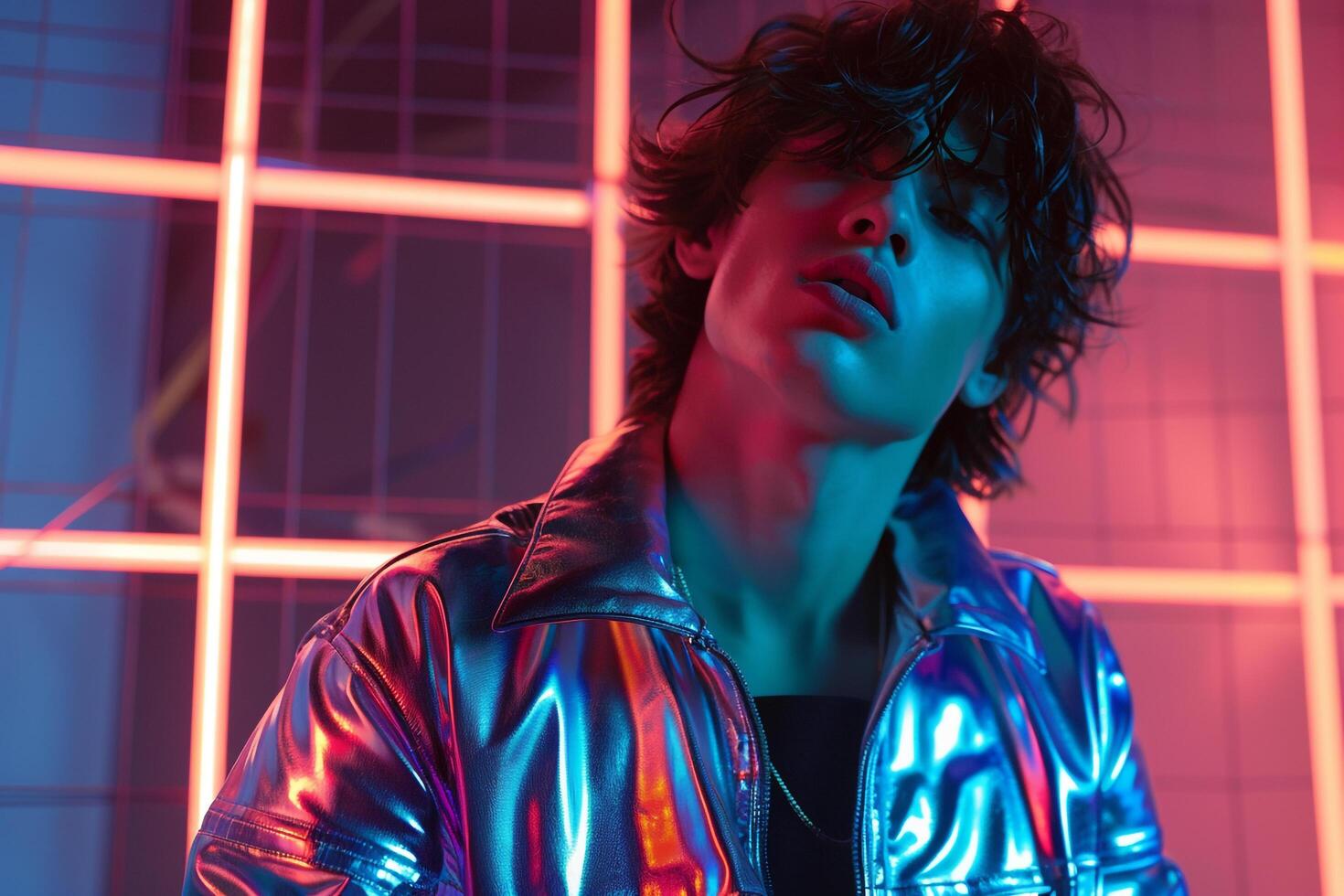 Chic male fashion model in a metallic jacket with neon grid background showcased in a modern portrait with a fashionable lifestyle eleMalet photo