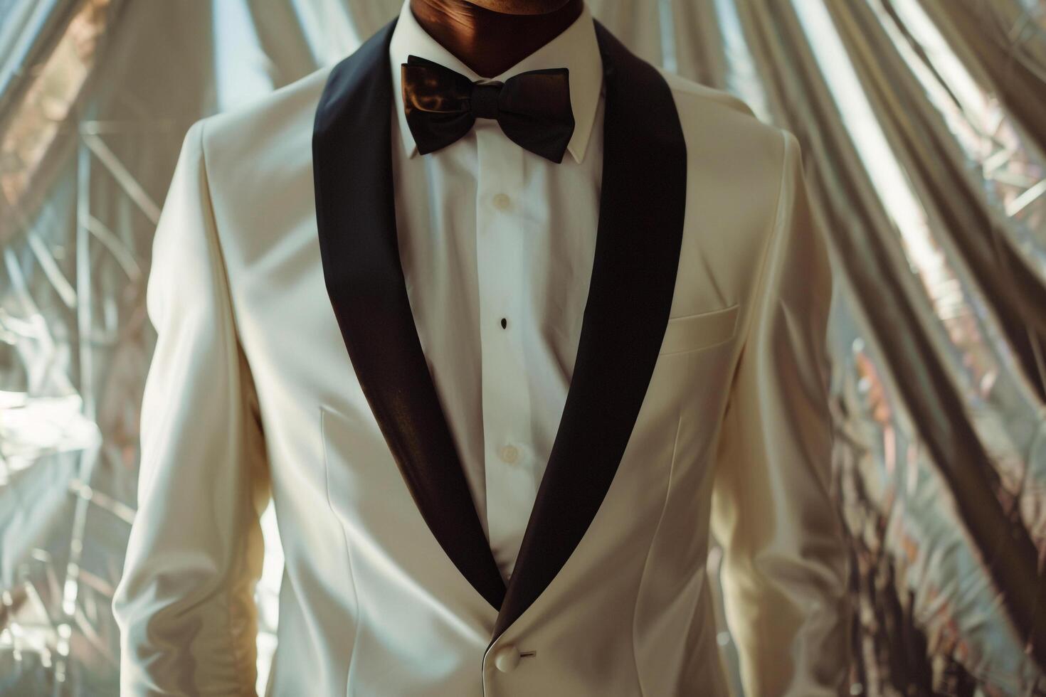 elegant male model in a glamorous tuxedo with shimmering silver cloth featured in a luxurious portrait with a costume fashion perspective photo