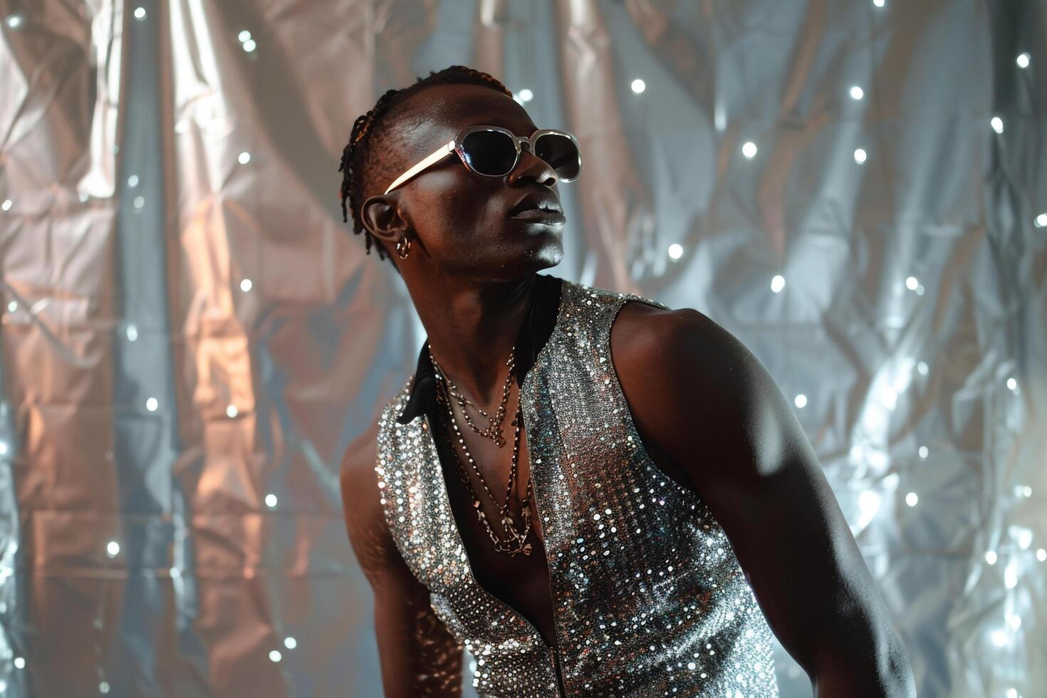 elegant male model in a sequined vest with sparkling silver cloth featured in a high fashion portrait showcasing luxurious lifestyle eleMalets photo