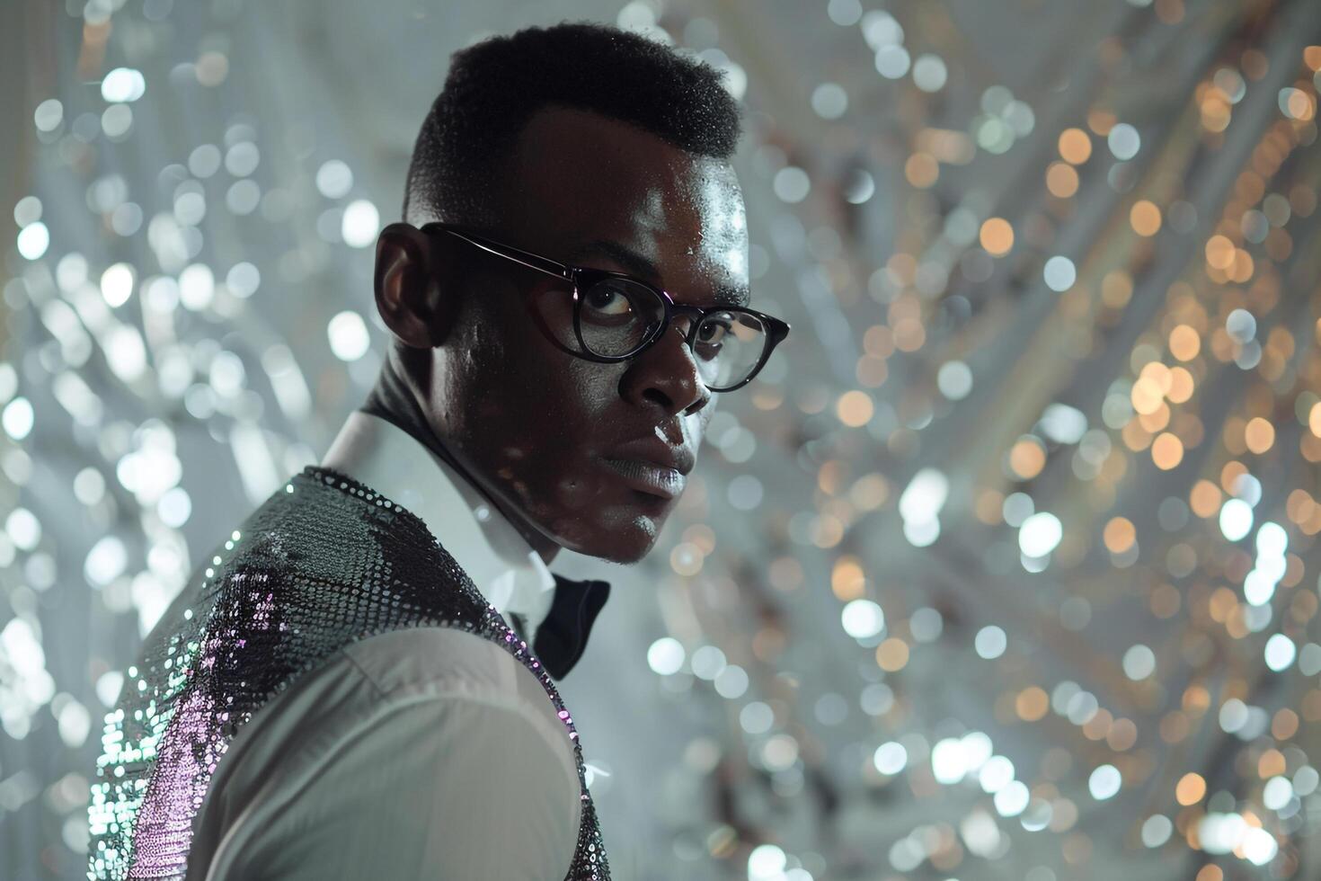Fashionable male model in a sequined vest with sparkling silver background showcased in a high fashion portrait with lifestyle eleMalets photo
