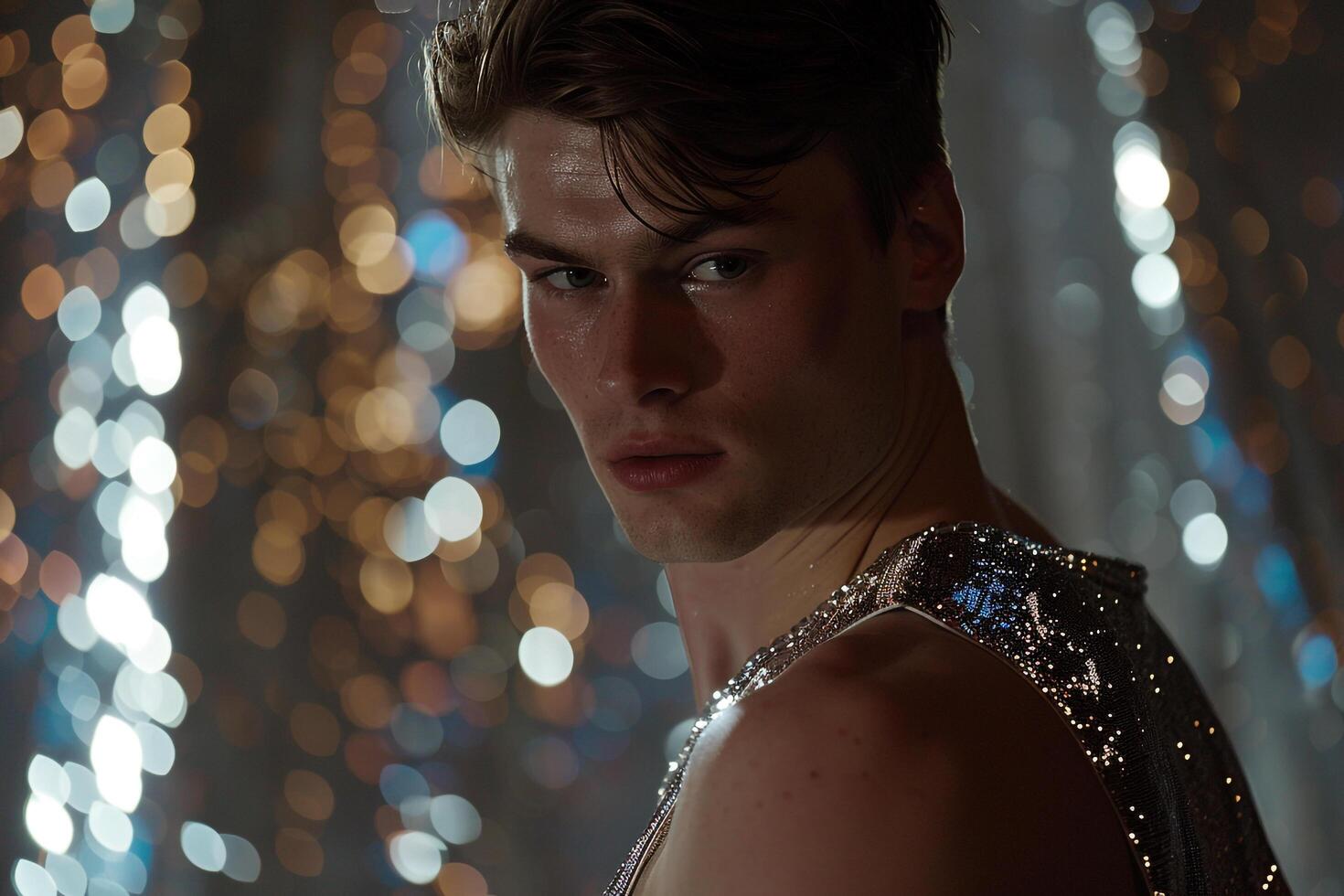 elegant male model in a sequined vest with sparkling silver background captured in a high fashion portrait with a luxurious lifestyle essence photo