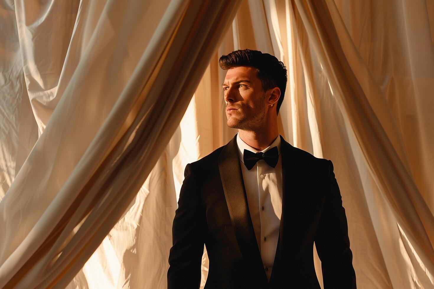 elegant male model in a costume tuxedo with rich fabric background featured in a high fashion portrait with a luxurious and costume lifestyle photo