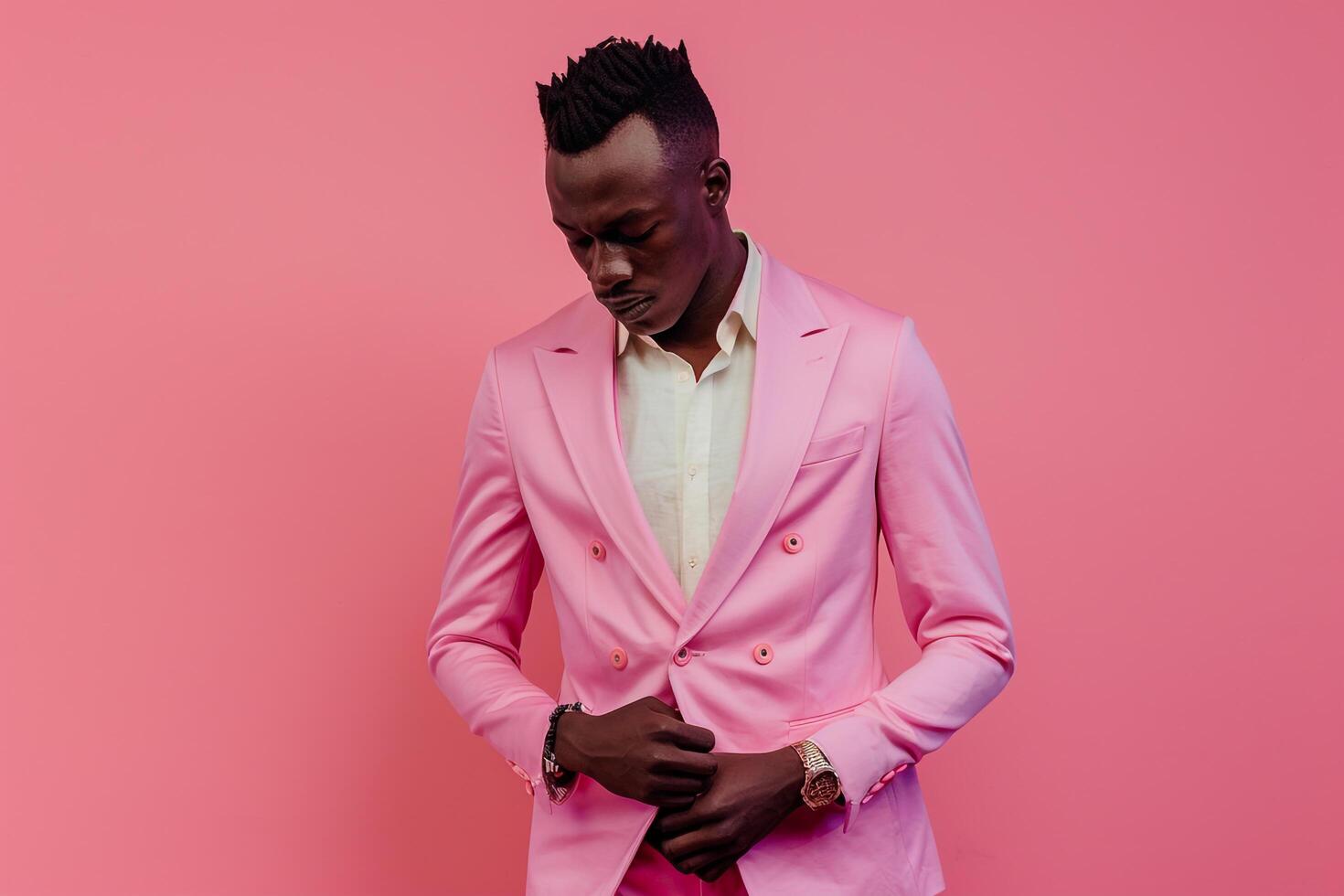 Stylish male model in a casual blazer with champagne pink background highlighted in a high fashion portrait with upscale lifestyle appeal photo