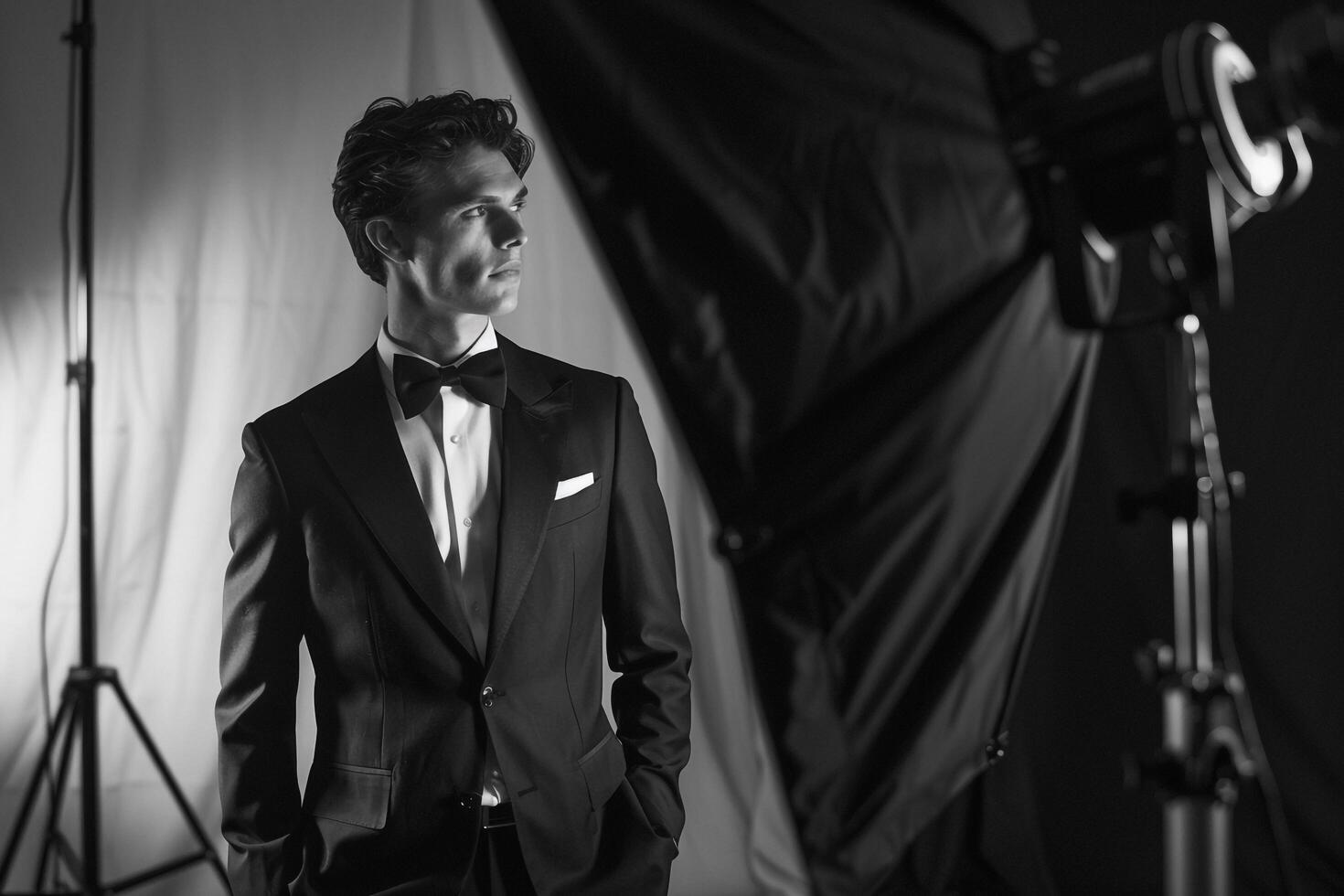 Chic male model in a tuxedo with rich fabric background showcased in a high fashion portrait emphasizing a luxurious and costume lifestyle photo