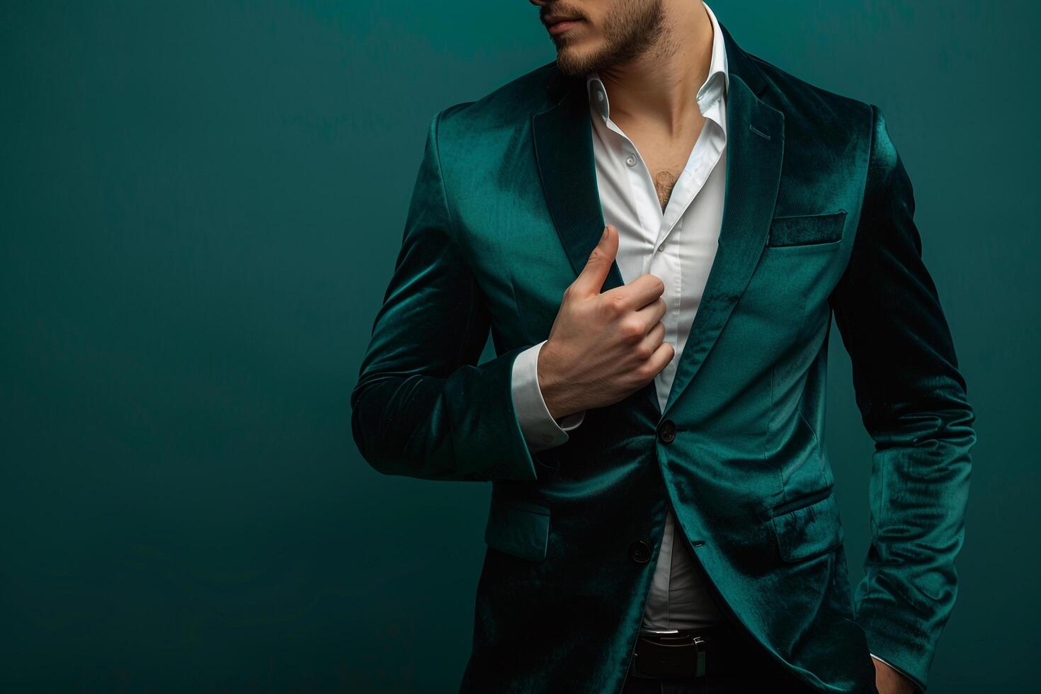 Chic male fashion model in an evening jacket with velvet green background highlighted in a high fashion portrait with luxurious lifestyle focus photo