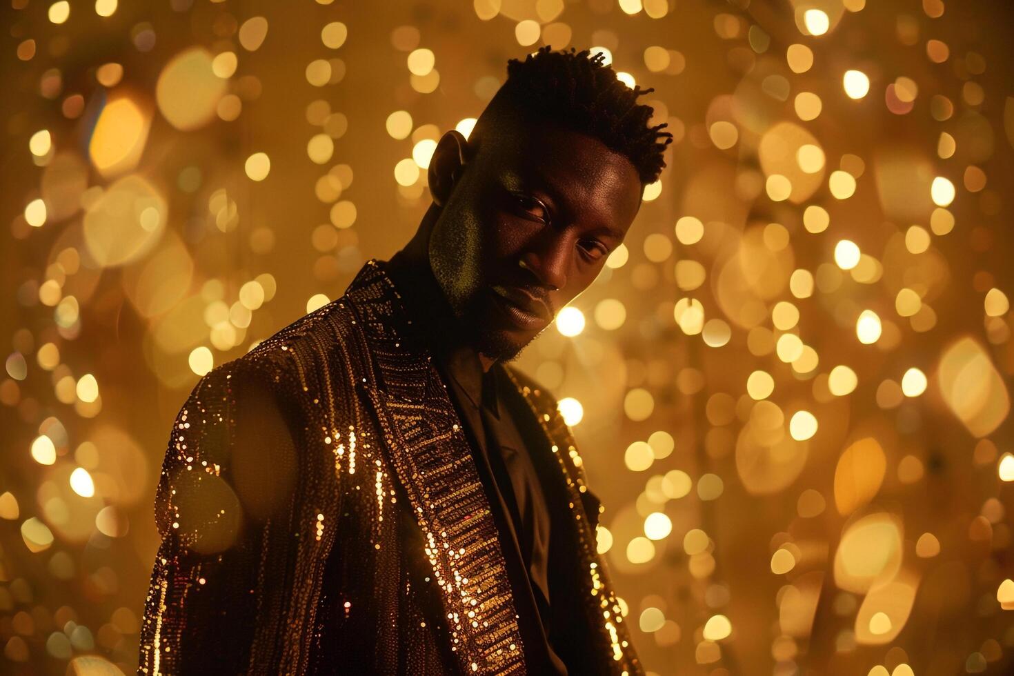 elegant male model in a sequined blazer with gold background presented in a high fashion portrait highlighting costume fashion and luxury lifestyle photo
