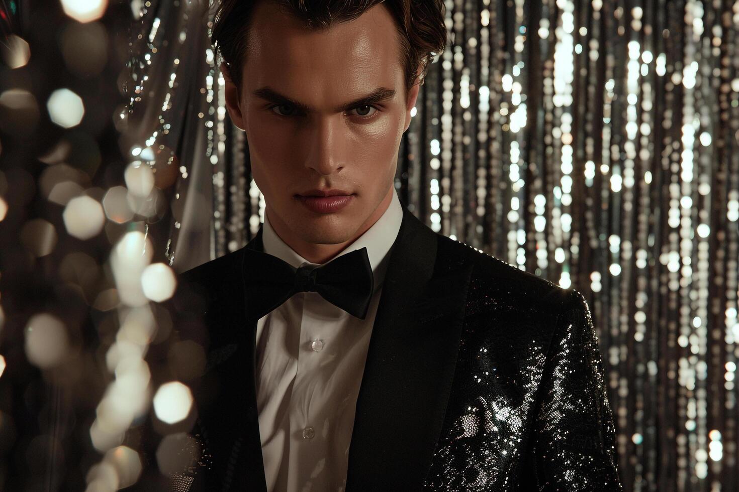 Stylish male fashion model in a sparkling tuxedo with silver sequins background featured in a high fashion portrait showcasing luxurious lifestyle eleMalets photo