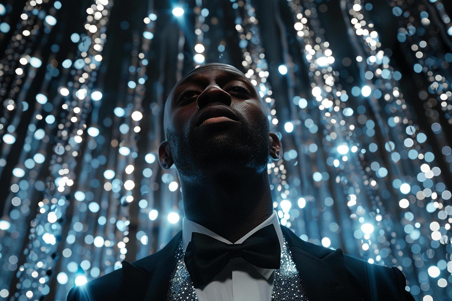 Fashionable male model in a sparkling tuxedo with silver sequins background showcased in a stylish portrait with luxurious lifestyle focus photo