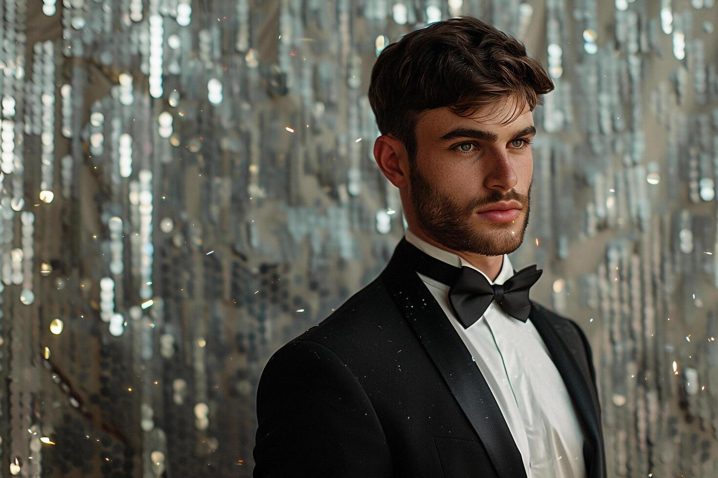 Stylish male fashion model in a sparkling tuxedo with silver sequins background featured in a high fashion portrait with a luxurious and costume appeal photo