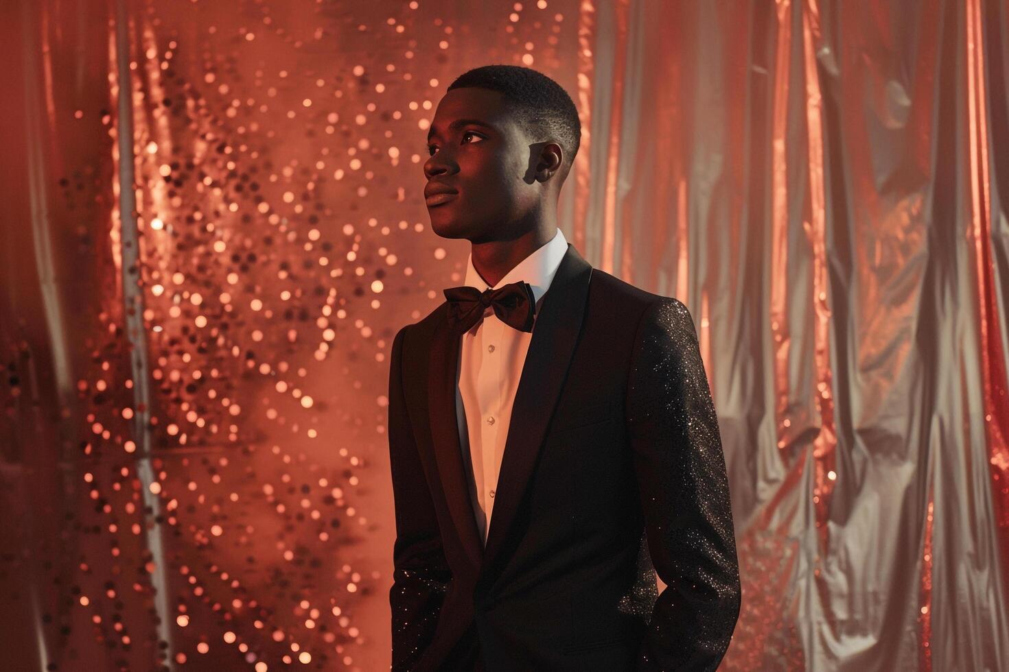Chic male model in a sparkling tuxedo with silver sequins background presented in a high fashion portrait emphasizing a luxurious lifestyle photo