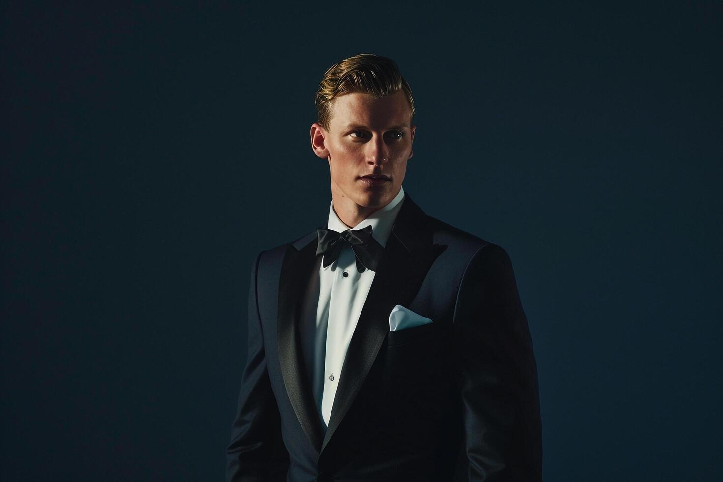 Sophisticated male model in a tailored tuxedo with Maleswear background captured in a high fashion portrait showcasing a luxurious lifestyle photo
