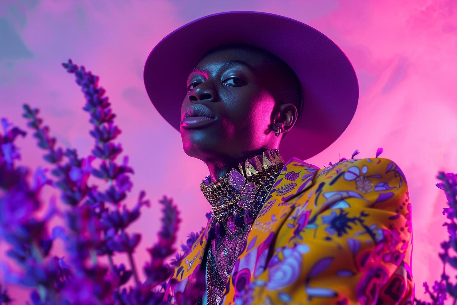 elegant male model in an abstract patterned outfit with a lavender backdrop featuring a fashion portrait and a luxurious high class lifestyle photo
