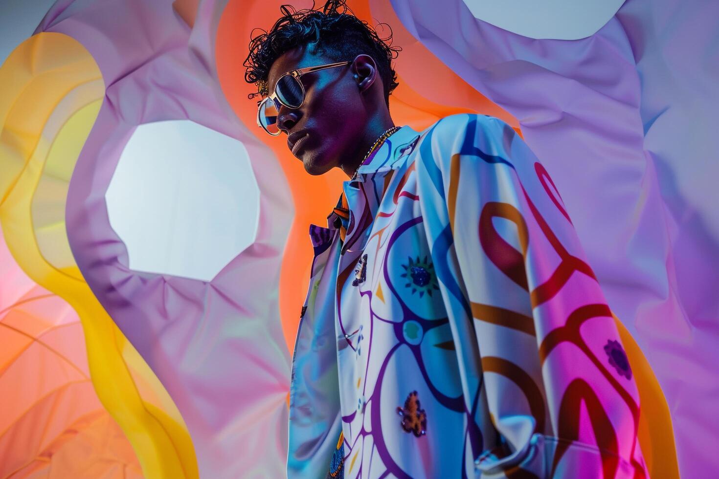 Trendy male model in an abstract patterned outfit with a lavender background emphasizing a high fashion portrait and a chic contemporary lifestyle photo
