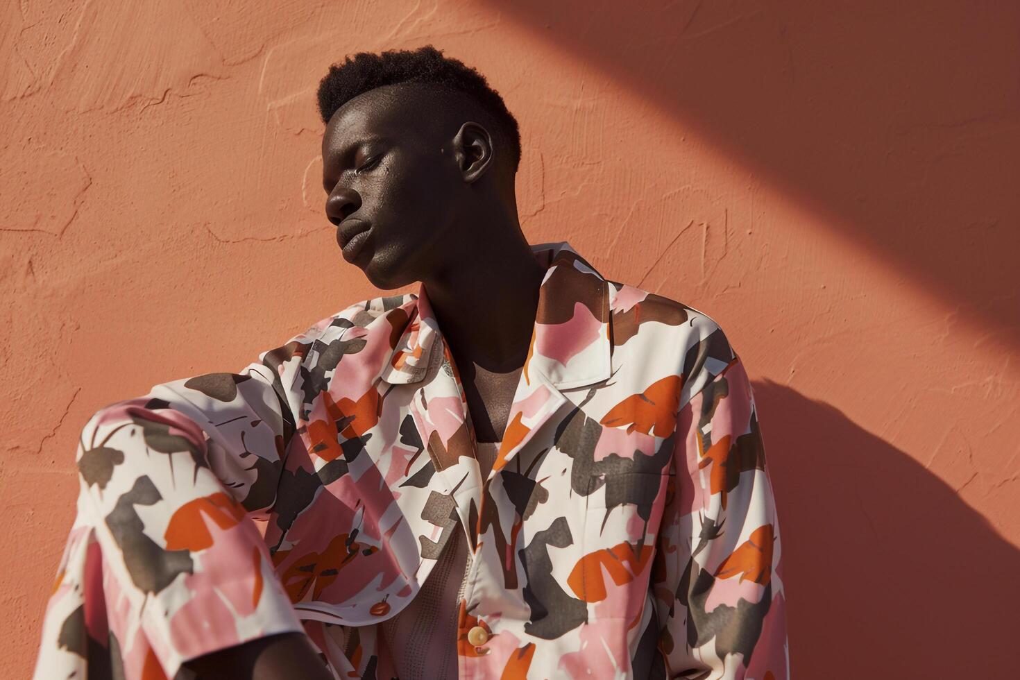 Modern male model in an abstract printed outfit with a dusty rose background presenting a fashionable portrait and an upscale trendy lifestyle photo