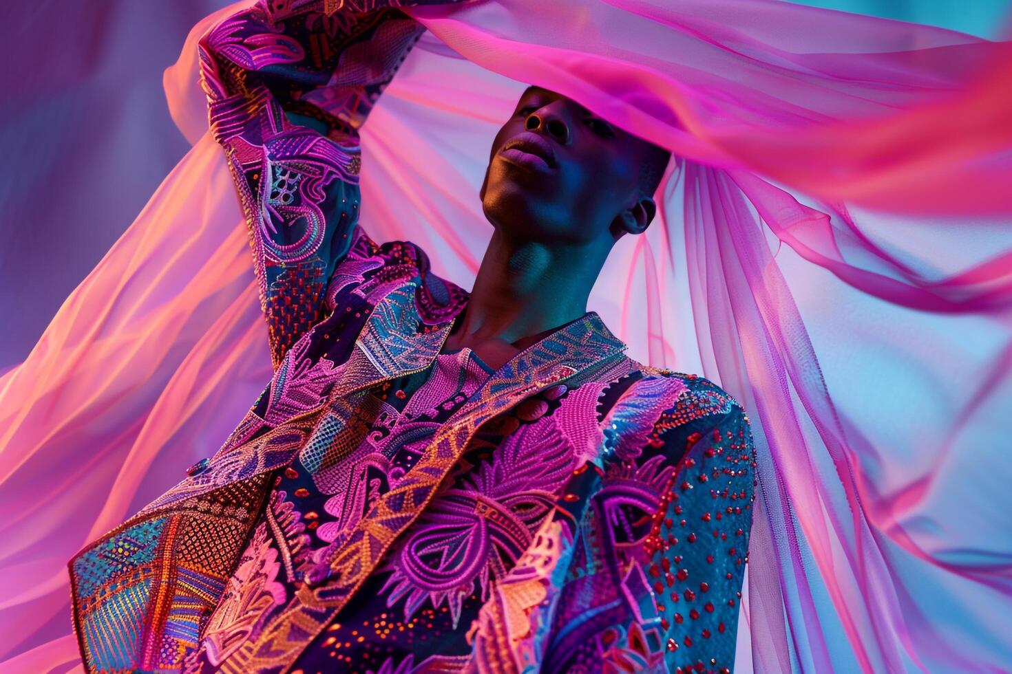 elegant male model in a costume outfit with abstract patterns and a lavender background showcasing a high fashion portrait and a refined lifestyle photo