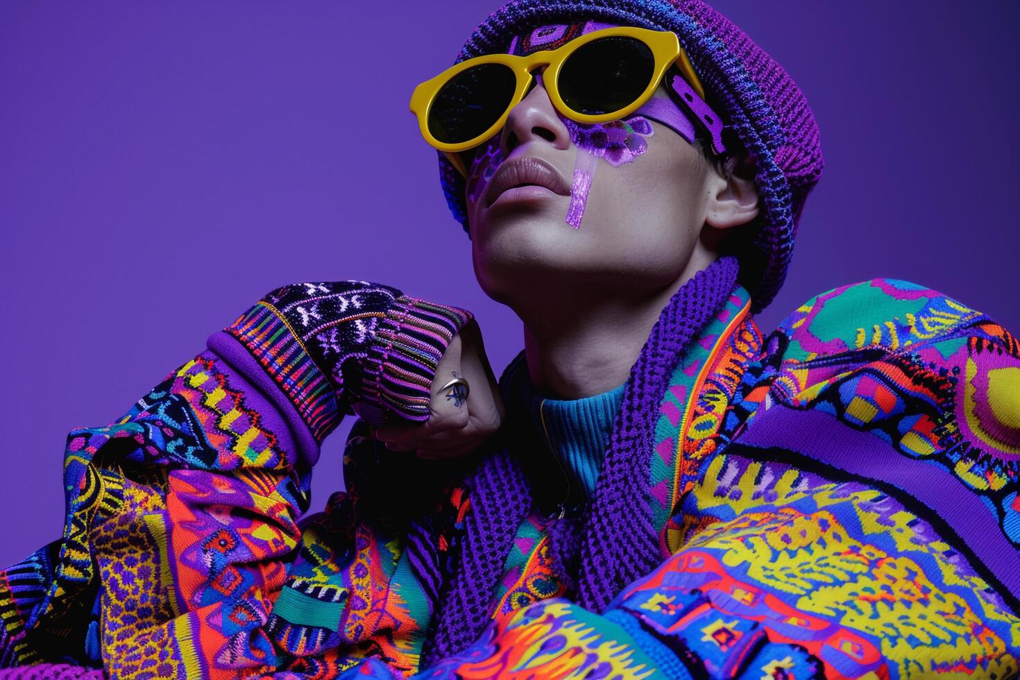 Stylish male model in a costume outfit with abstract patterns and a lavender background showcasing a chic portrait and a refined lifestyle photo